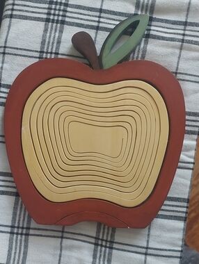 Wooden Apple Table Top Fruit Basket- Red, Cream, Green Accents